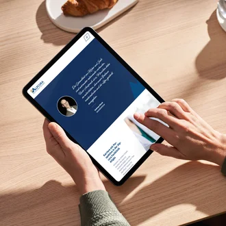 Tablet auf Holztisch zeigt Karriereseite der Alpcura Fachklinik Allgäu mit Zitat des Pflegedirektors und Aufruf zur Bewerbung im Pflegebereich.