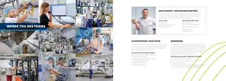 Abschlussseite der Ausbildungsbroschüre von EK-Pack Folien mit Fotocollage von Mitarbeitenden in Produktion und Büro, Kontaktinformationen zum Ausbildungsleiter Stefan Huber sowie Informationen zur Bewerbung und Schnuppertagen oder Praktikum
