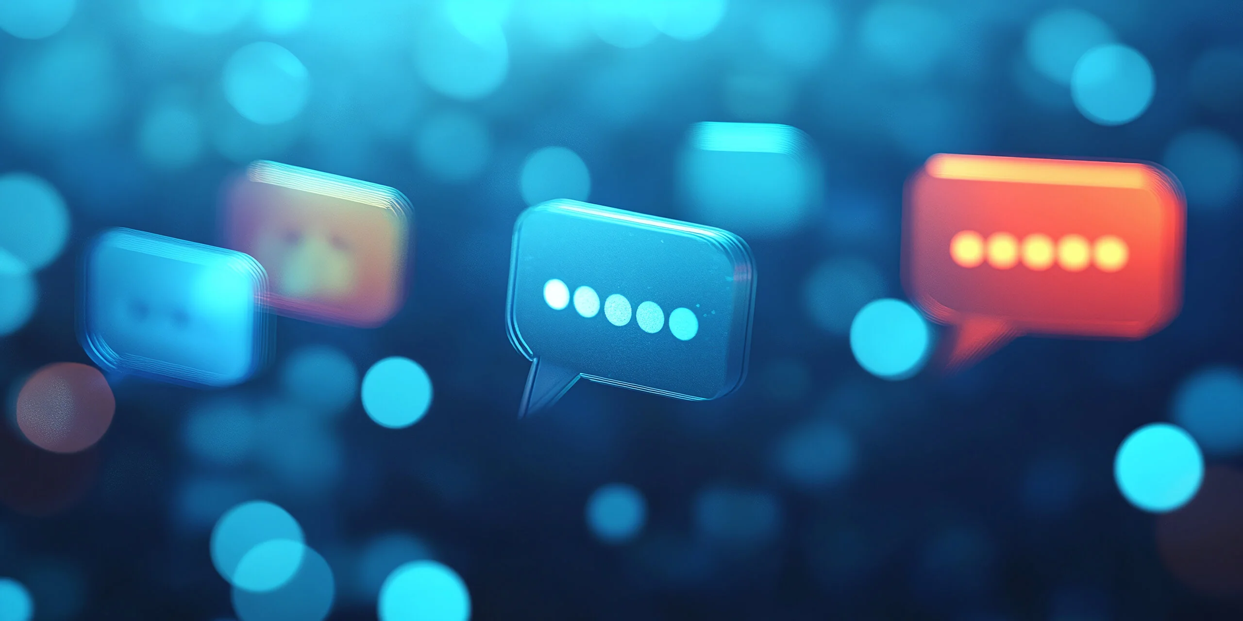 Digitale Chat-Sprechblasen mit Punkten auf unscharfem blauen Hintergrund – symbolisiert Online-Kommunikation, Messaging-Technologie und moderne digitale Interaktion