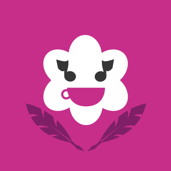 Magentafarbenes Icon mit stilisierter Blume als Gesicht, musikalischen Noten als Augen und einer Teetasse als Mund. Umrahmt von zwei violetten Federn. Symbolisiert Kreativität, Musik, Poesie und Entspannung.