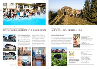 Doppelseite eines Urlaubsmagazins mit Teamfoto am Pool, Einblicken in Personalunterkünfte und Wandertipps für die Allgäuer Alpen