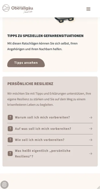 Mobile Ansicht der Webseite des Landkreises Oberallgäu mit Informationen zur persönlichen Resilienz und Tipps zur Vorbereitung auf Krisensituationen.