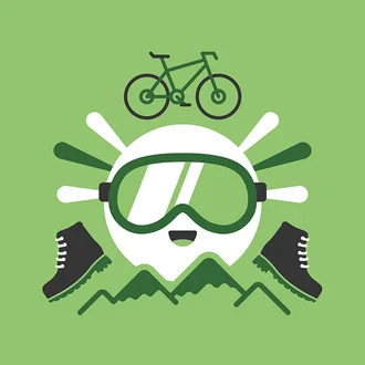 Fröhliches Icon auf grünem Hintergrund mit stilisiertem Gesicht in Skibrille, umgeben von Wanderstiefeln, Bergsilhouette und Fahrrad. Symbolisiert Outdoor-Aktivitäten wie Wandern, Radfahren und Bergsport. 