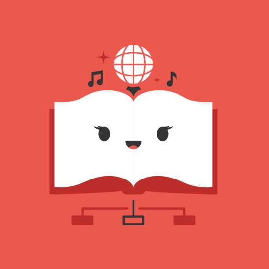Rotes Icon mit offenem Buch als stilisiertem Gesicht, über dem sich eine Weltkugel, Musiknoten und Netzwerkverbindungen befinden. Symbolisiert kulturelle Bildung, digitale Vernetzung, interdisziplinäres Lernen und kreative Medienkompetenz.