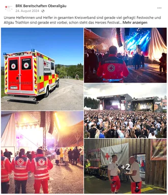 Sanitäterinnen und Sanitäter des BRK Kreisverbands Oberallgäu beim Einsatz auf dem Heroes Festival 2024 – Rettungswagen, Bühnenszenen, Menschenmenge und Einsatzkräfte vor Ort sichern Großveranstaltung mit hoher Besucherzahl