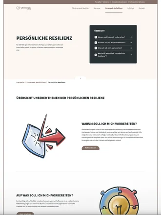 Themenseite „Persönliche Resilienz“ des Projekts Regi-OA im Landkreis Oberallgäu – mit Tipps zur individuellen Krisenvorsorge und verständlicher Navigation zu wichtigen Fragen rund um Notfallvorbereitung.