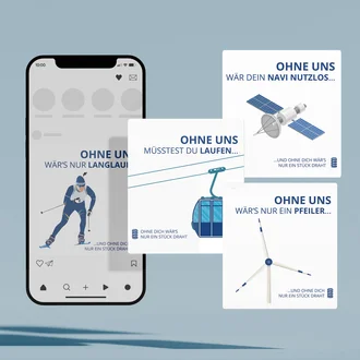 Mockup mit Smartphone und vier Social-Media-Postings der Dr. Werner Röhrs GmbH & Co. KG, jeweils mit technischen Illustrationen und humorvollen Aussagen wie „Ohne uns wär’s nur ein Pfeiler“ – visuelle Employer-Branding-Kampagne zur Bedeutung technischer Federn in Alltagsanwendungen wie Navigation, Windkraft, Seilbahn und Biathlon.