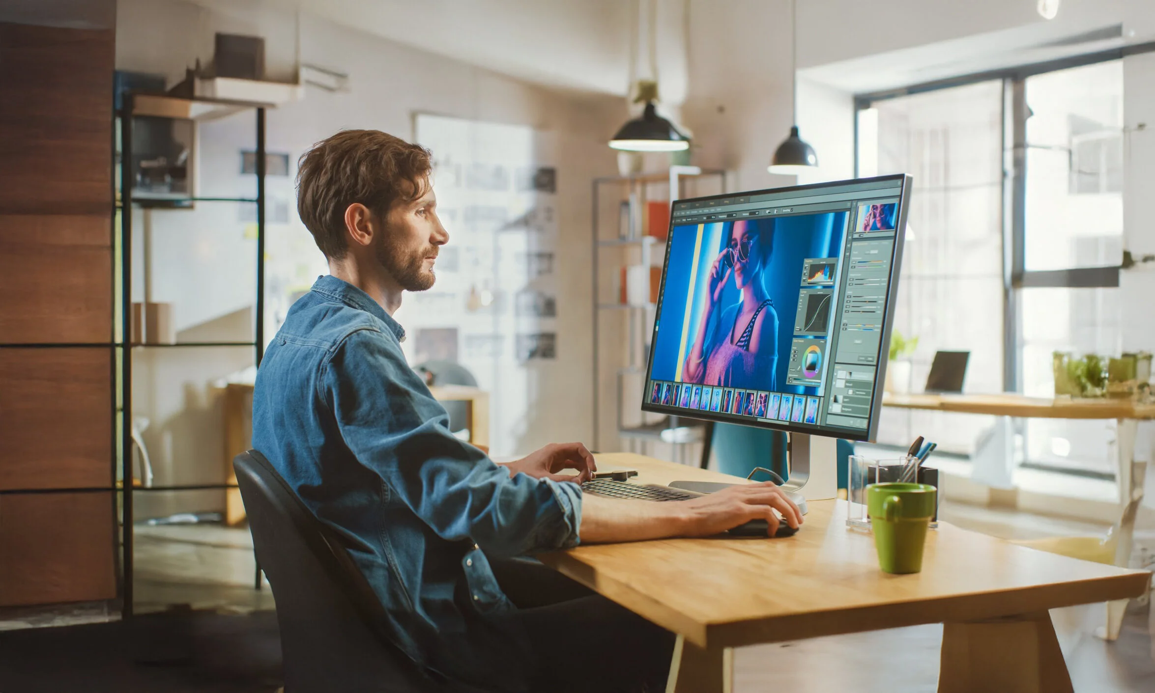 Mediendesigner arbeitet in kreativem Büro an einem großen Monitor mit professioneller Bildbearbeitungssoftware – steht für digitale Bildbearbeitung, Mediengestaltung und visuelles Storytelling